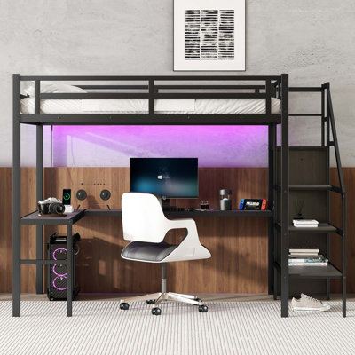 Loft Bed With L-Shaped Desk And USB, Metal Loft Bed With Wardrobe And Adjustable Shelf, High Loft Bed With LED by Isabelle & Max