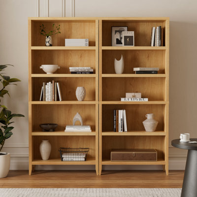 71" Farmhouse 5-Tier Tall Wooden Bookcase With Adjustable Shelves & Open Storage