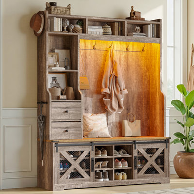 Chimira 59" Wide Farmhouse 7-in-1 Hall Tree With Bench, Led Light, Shoe Storage & Hooks by August Grove