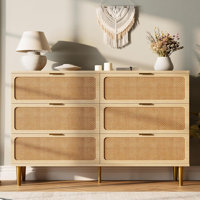 Rattan 6 Drawer Dresser For Bedroom, Large Double Dresser With Deep Drawers, Wooden Chest Of Drawers For Closet With Wide Top by Bay Isle Home