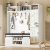 Hall Tree 60" Wide With Bench, Shoe Storage And Tall Mirror, White by Gracie Oaks