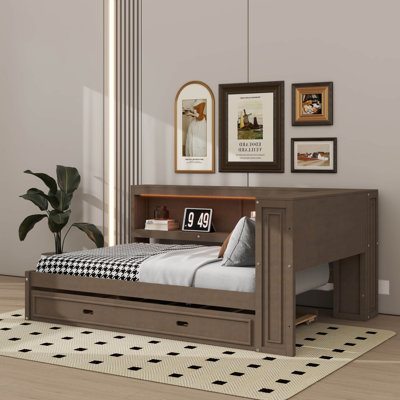 L-Shaped Full-Size Multifunctional Daybed With Trundle, Storage Shelves, USB Ports & LED Lighting by Orren Ellis