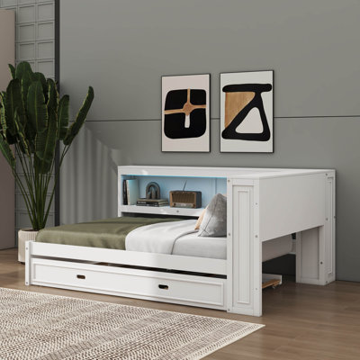 L-Shaped Full-Size Multifunctional Daybed With  Trundle, Storage Shelves, USB Ports & LED Lighting