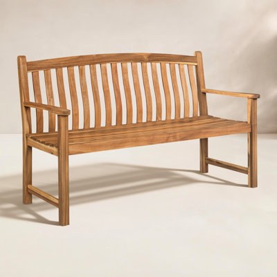 Acacia Wood Outdoor Bench with Curved Backrest and Armrests by Birch Lane