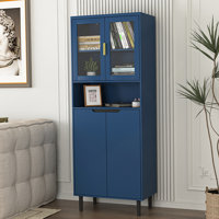 Tall Storage Show Cabinet with 2 Glass Display Door & 2 Doors, Tall Kitchen Pantry Cabinet