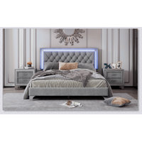Upholstered Bed Frame With LED Lights,Modern Velvet Platform Bed With Crystal Tufted Headboard by Ivy Bronx