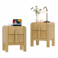 Modern Wood Nightstand Set Of 2 With Drawers And Curved Profile Design, Mid-Century End Table With Built-In Charging Station For Bedroom, Living Room, by Ebern Designs