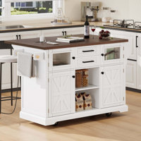 54.9" Kitchen Island With Drop Leaf, Power Outlet, Kitchen Storage Cart With 4 Door Shelves, Cross Barn Doors & Visual Glass Door, Rolling Kitchen Isl by August Grove