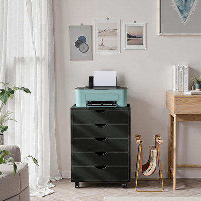 5 Drawer Mobile File Cabinet Under Desk Storage Organization With Wheels Vertical Filing Chest Rolling Wood Small Desk Printer Stand For Home Office, by Ebern Designs