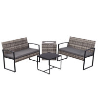 Patio Furniture Set W/removable Ice Bucket Storage Box - Pe Rattan All Weather Outdoor Conversation Set W/cushioned Benches & Glass Top Table For Back