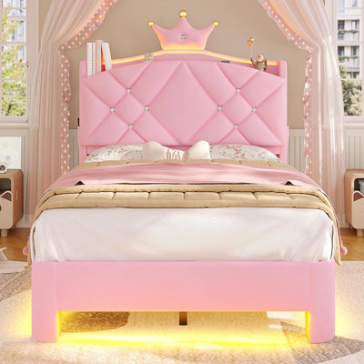 Crown-Style Velvet Upholstered Platform Storage Bed with LED Light Kids Bedroom Furniture by Wrought Studio