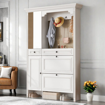 3-in-1 Hall Tree With 4 Sturdy Hooks, Foldable Seat, Mirrored Cabinet Door, Integrated Shoe Cabinet And A Drawer by Lark Manor