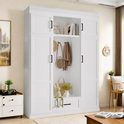 Modern Hall Tree With Bench And 3 Hooks, 4 Doors, 1 Drawer, Adjustable Shelves And Black Handles by Red Barrel Studio