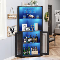 Corner Bar Cabinet With Led Lights, 65" Tall Wine Cabinet Liquor Stand With Glass Holder & Tempered Glass Door, Alcohol Storage With Human Body Sensor by Wrought Studio
