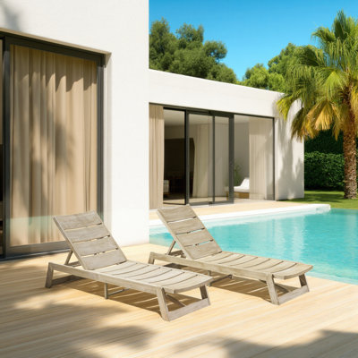 Modern Acacia Wood Chaise Lounge Set (Set of 2) – Adjustable Outdoor Loungers by Millwood Pines