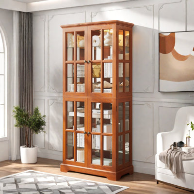 Antique Display Cabinet With 4 Glass Doors, Adjustable Shelves, Metal Embossed Handles And Integrated Lighting by Winston Porter