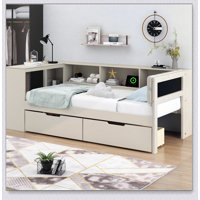 Wood Twin Size Platform Bed With Storage Shelves, Drawers, Charging Station And Upholstered Headboard, Cream