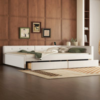 Queen Size Upholstered Platform Bed With USB And 2 Drawers, Beige