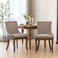 A&A Furniture, Ultra Side Dining Chair, Thickened Fabric Chairs With Neutrally Toned Solid Wood Legs, Bronze Nail Head, Set Of 2, Beige And Patterned, by 17 Stories