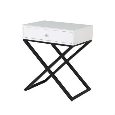 Wooden End Side Table Nightstand With Glass Top, Drawer And Metal Cross Base