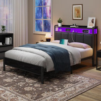 Bed Frame with Storage Headboard, Upholstered Platform Bed with Charging Station and LED Lights, Heavy Duty Metal Slats