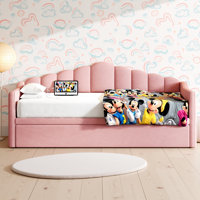 Twin Upholstered Daybed with Pop-Up Trundle, USB & Type-C Charging Ports, Side Pockets & Velvet Curved Back