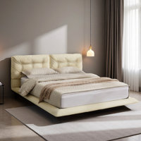 Branson Floating PU Leather Platform Bed With LED Lights & Tufted Headboard