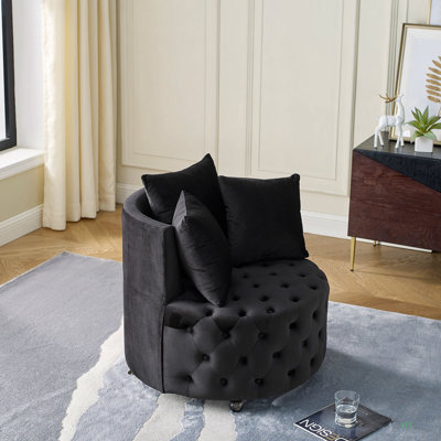 Velvet Upholstered Swivel Chair For Living Room, With Button Tufted Design And Movable Wheels, Including 3 Pillows