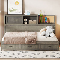 Full Size Wooden Daybed with Storage, USB Ports, Shelf and Soft Backrest Panel, Functional Frame by Lark Manor