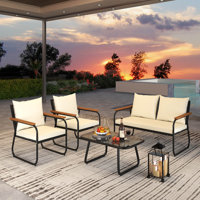 4 Pcs Patio Furniture Set With Tempered Glass Coffee Table Pe Wicker Rattan Chairs by Ebern Designs