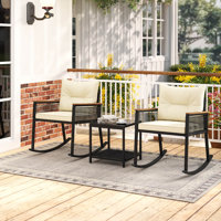 3 Pcs Outdoor Rocking Bistro Set With 2-tier Coffee Table, Acacia Wood Armrests