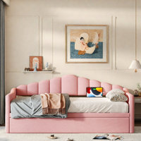 Upholstered Daybed With Pop Up Trundle, Charging Ports, 2 Side Pockets And Curved Backrest Design by Everly Quinn