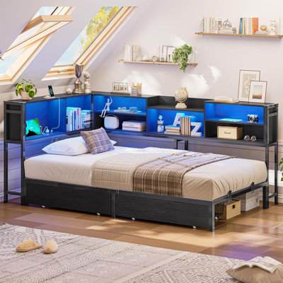 Daybed With 2 Underneath Storage Drawers And Charging Station, L-shape Corner Bed Frame With Storage Bookcase And Led Lights For Living Room, Bedroom by Wrought Studio