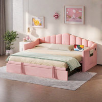 Upholstered Daybed With Pop Up Trundle, Charging Ports, 2 Side Pockets And Curved Backrest Design