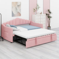 Upholstered Daybed With Adjustable Height Pop Up Trundle Bed And USB & Type-C Charging Port, Day Bed Frame With 2 Side Pockets by Mercer41
