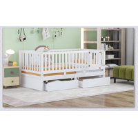 Wood Daybed With Fence Guardrails And 2 Drawers, Split Into Independent Floor Bed by Ophelia & Co.