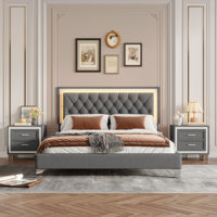 Philip Velvet Upholstered Platform Bed with LED Lights & 2 Nightstands by Mercer41