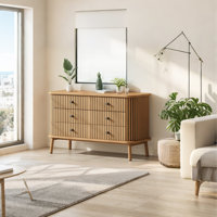 Mid Century 6 Drawer Dresser, Bamboo-Style Surface, Black Handles, Wide Storage Organizer by George Oliver