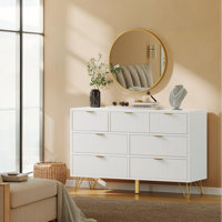 Modern 7 Drawer Dresser, Wave Stripe Panel, Metal Support Feet, MDF Storage Cabinet by Mercer41