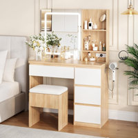 Vanity Desk with Mirror and LED Light, Vanity Desk with 4 Drawers, Power Outlet, Storage Stool by Wrought Studio