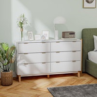 Fluted Dresser for Bedroom with 6 Drawers, 54" Wide Chest of Drawers with Gold Finger Pulls and 5 Wood Legs by Ebern Designs