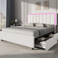 Upholstered Bed Frame with 4 Storage Drawers,LED Headboard,Heavy Duty Wood Slat Support by Ivy Bronx