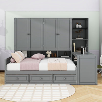 2 Drawers Wood Daybed with Built-in Desk and Shelves by Red Barrel Studio