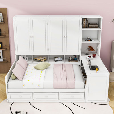 2 Drawers Wood Daybed with Built-in Desk and Shelves by Red Barrel Studio