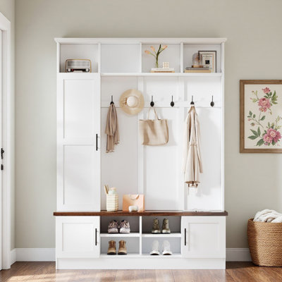 55" W 3-In-1 Hall Tree With 6 Metal Hooks, 3 Doors Storage Cabinets, Adjustable Shelves, Walnut Bench Seat by Red Barrel Studio