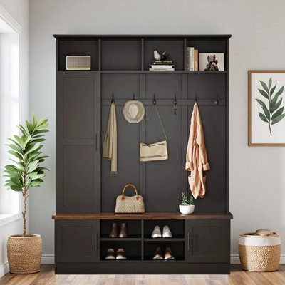 55" W 3-In-1 Hall Tree With 6 Metal Hooks, 3 Doors Storage Cabinets, Adjustable Shelves, Walnut Bench Seat by Red Barrel Studio