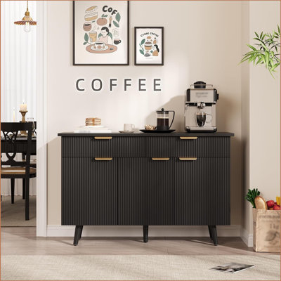 Large Kitchen Storage Cabinet, 47" Modern Fluted Buffet Sideboard With Storage And Adjustable Shelves, Wood Coffee Bar Cabinet Buffet Table With 3 Doo by George Oliver