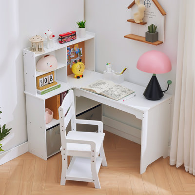 Kids Corner Desk And Chair Set – Study Table With Bookshelf, Cloth Drawer, And Bulletin Board, Mdf Wood, For Ages 3–8 by Ebern Designs