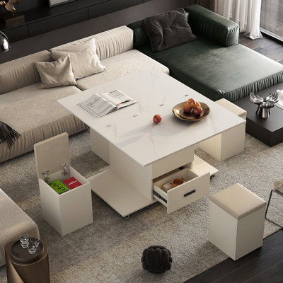 Modern Lift-Up Coffee Table with 4 Stools Set for Living Room Expandable 1 Hidden Storage by George Oliver