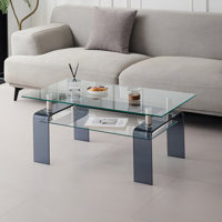 Tempered Glass Coffee Table, Modern Glass Coffee Table for Living Room, 2-Tier Storage Center Coffee Table with Legs by Ivy Bronx